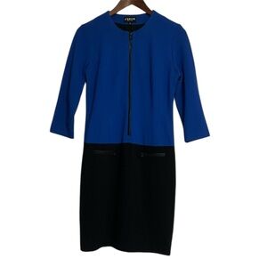 J'ENVIE NEW YORK Blue & Black Color Block Sheath Dress Full Zip Career 4 Retro